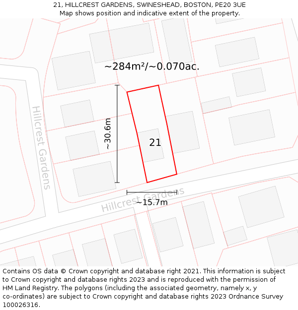 21, HILLCREST GARDENS, SWINESHEAD, BOSTON, PE20 3UE: Plot and title map