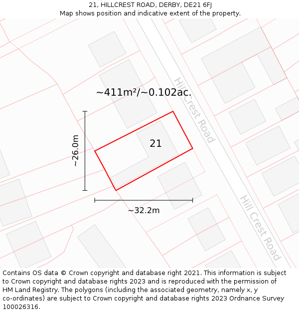 21, HILLCREST ROAD, DERBY, DE21 6FJ: Plot and title map