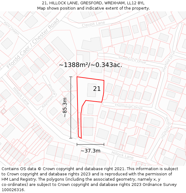 21, HILLOCK LANE, GRESFORD, WREXHAM, LL12 8YL: Plot and title map