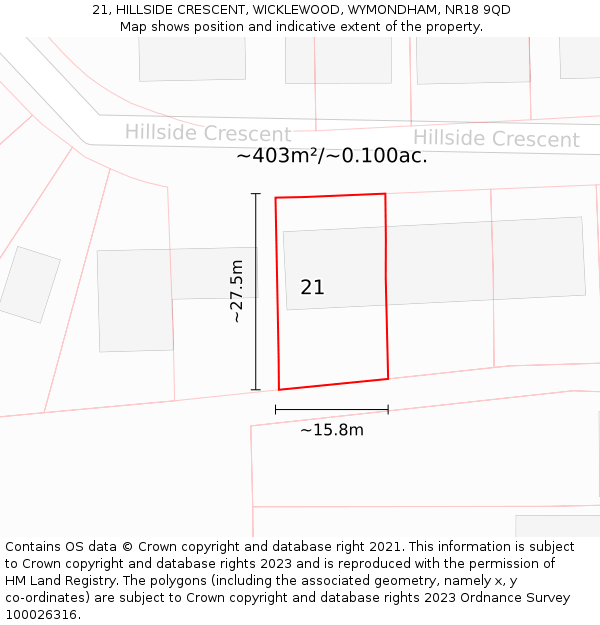21, HILLSIDE CRESCENT, WICKLEWOOD, WYMONDHAM, NR18 9QD: Plot and title map