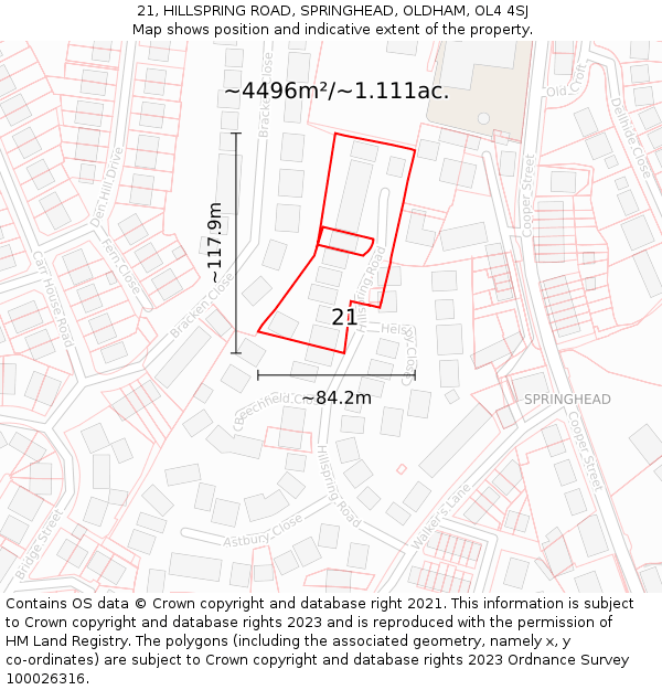 21, HILLSPRING ROAD, SPRINGHEAD, OLDHAM, OL4 4SJ: Plot and title map