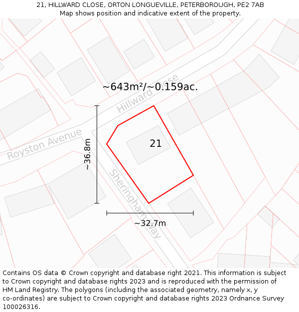 21, HILLWARD CLOSE, ORTON LONGUEVILLE, PETERBOROUGH, PE2 7AB: Plot and title map