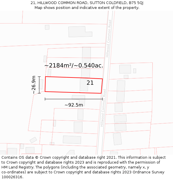 21, HILLWOOD COMMON ROAD, SUTTON COLDFIELD, B75 5QJ: Plot and title map