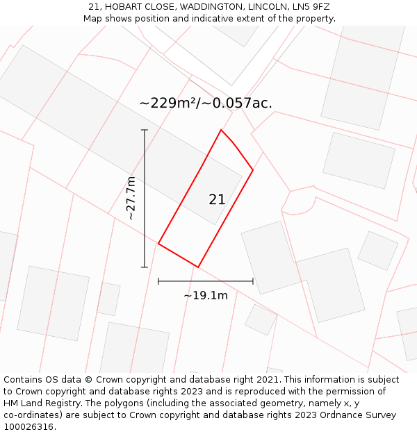 21, HOBART CLOSE, WADDINGTON, LINCOLN, LN5 9FZ: Plot and title map