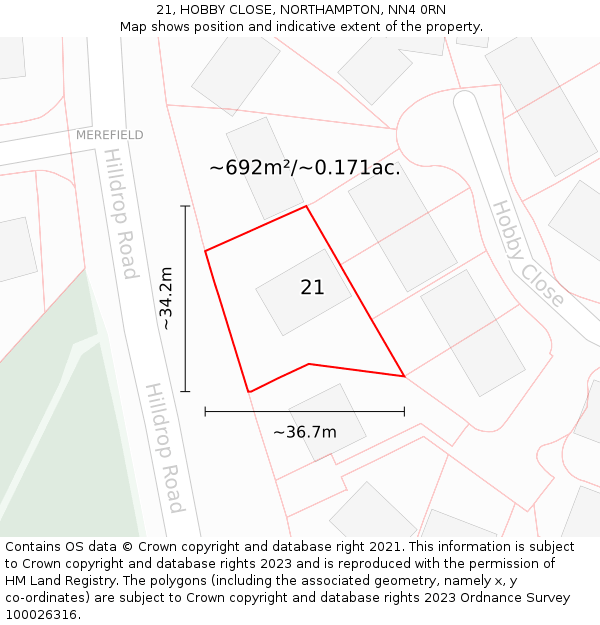 21, HOBBY CLOSE, NORTHAMPTON, NN4 0RN: Plot and title map