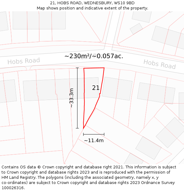 21, HOBS ROAD, WEDNESBURY, WS10 9BD: Plot and title map