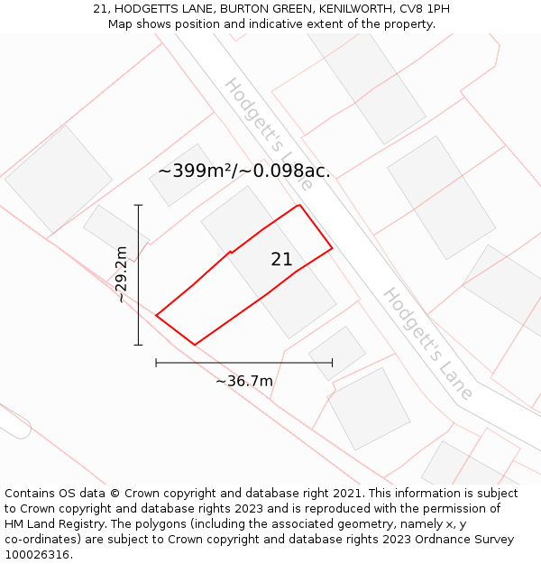 21, HODGETTS LANE, BURTON GREEN, KENILWORTH, CV8 1PH: Plot and title map