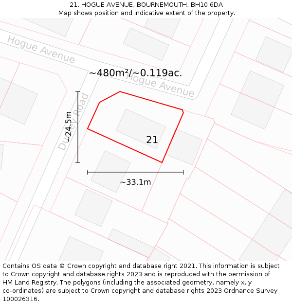 21, HOGUE AVENUE, BOURNEMOUTH, BH10 6DA: Plot and title map
