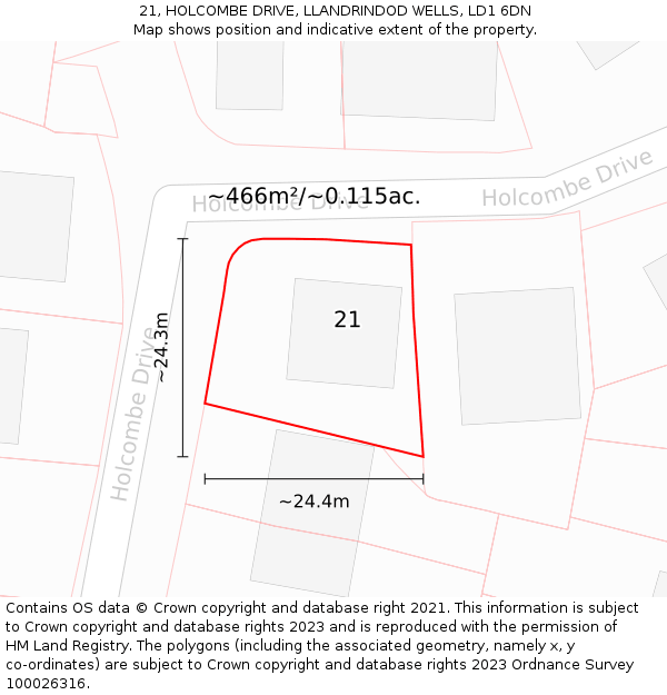 21, HOLCOMBE DRIVE, LLANDRINDOD WELLS, LD1 6DN: Plot and title map