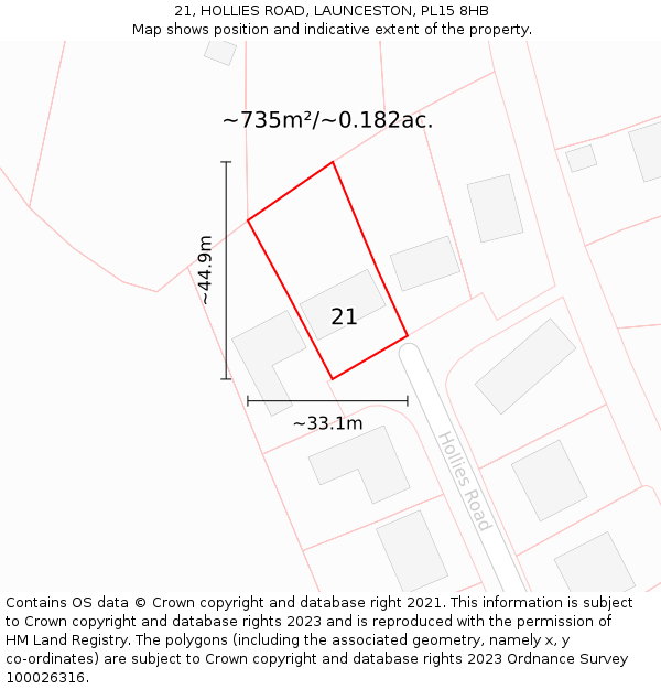 21, HOLLIES ROAD, LAUNCESTON, PL15 8HB: Plot and title map