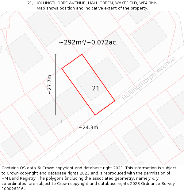 21, HOLLINGTHORPE AVENUE, HALL GREEN, WAKEFIELD, WF4 3NN: Plot and title map