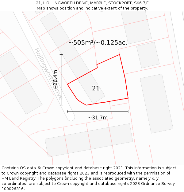 21, HOLLINGWORTH DRIVE, MARPLE, STOCKPORT, SK6 7JE: Plot and title map