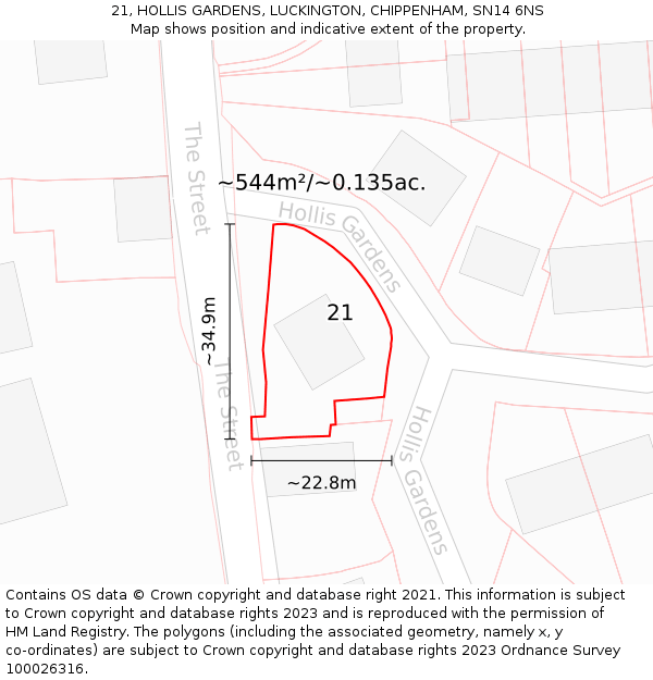 21, HOLLIS GARDENS, LUCKINGTON, CHIPPENHAM, SN14 6NS: Plot and title map