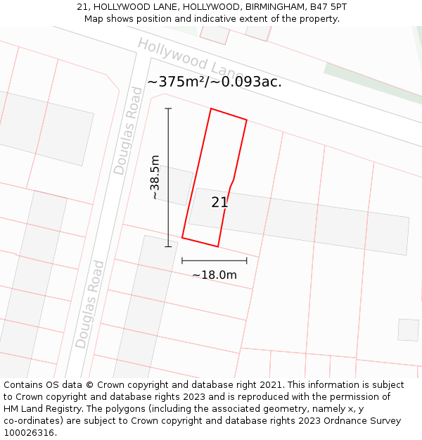 21, HOLLYWOOD LANE, HOLLYWOOD, BIRMINGHAM, B47 5PT: Plot and title map