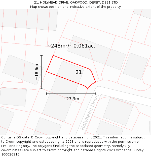21, HOLYHEAD DRIVE, OAKWOOD, DERBY, DE21 2TD: Plot and title map