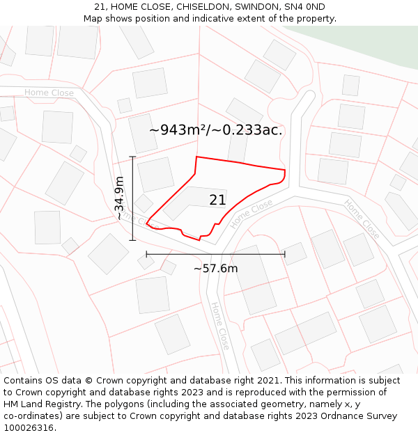 21, HOME CLOSE, CHISELDON, SWINDON, SN4 0ND: Plot and title map