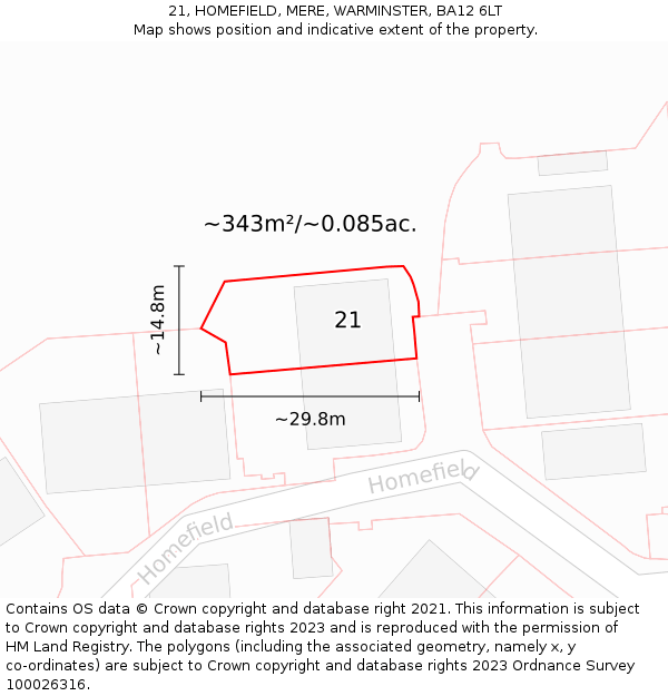21, HOMEFIELD, MERE, WARMINSTER, BA12 6LT: Plot and title map