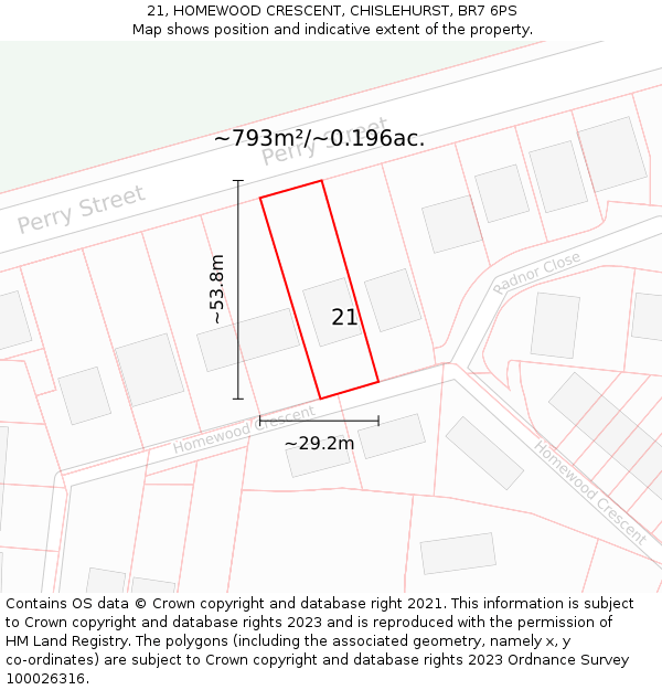 21, HOMEWOOD CRESCENT, CHISLEHURST, BR7 6PS: Plot and title map