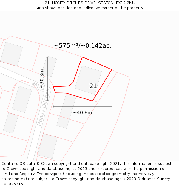 21, HONEY DITCHES DRIVE, SEATON, EX12 2NU: Plot and title map