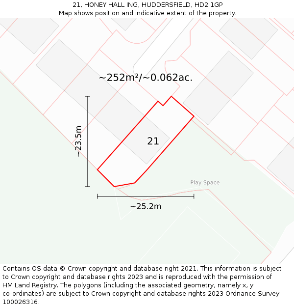 21, HONEY HALL ING, HUDDERSFIELD, HD2 1GP: Plot and title map