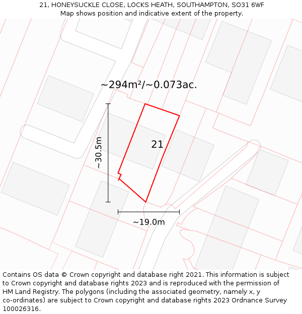 21, HONEYSUCKLE CLOSE, LOCKS HEATH, SOUTHAMPTON, SO31 6WF: Plot and title map