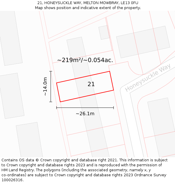 21, HONEYSUCKLE WAY, MELTON MOWBRAY, LE13 0FU: Plot and title map