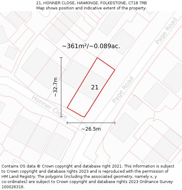 21, HONNER CLOSE, HAWKINGE, FOLKESTONE, CT18 7RB: Plot and title map