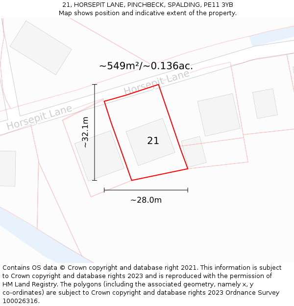21, HORSEPIT LANE, PINCHBECK, SPALDING, PE11 3YB: Plot and title map