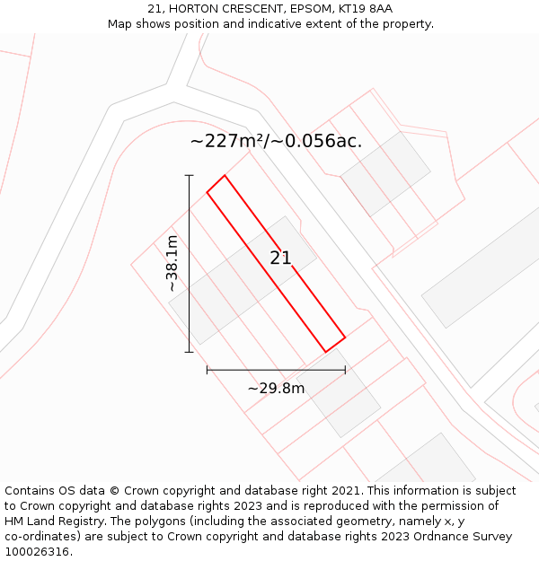 21, HORTON CRESCENT, EPSOM, KT19 8AA: Plot and title map