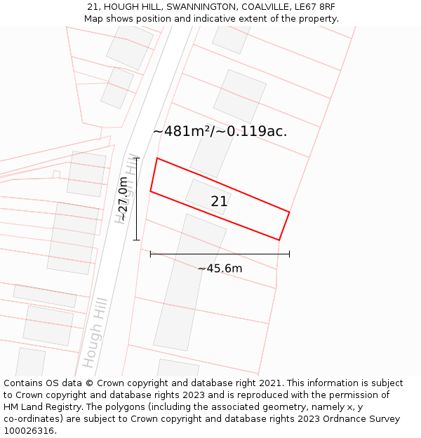 21, HOUGH HILL, SWANNINGTON, COALVILLE, LE67 8RF: Plot and title map