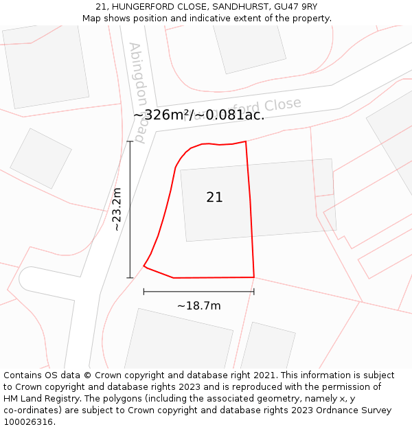 21, HUNGERFORD CLOSE, SANDHURST, GU47 9RY: Plot and title map