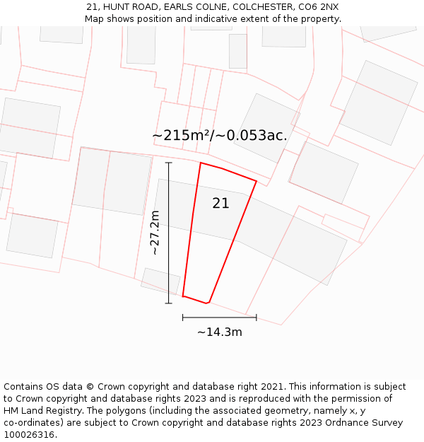 21, HUNT ROAD, EARLS COLNE, COLCHESTER, CO6 2NX: Plot and title map