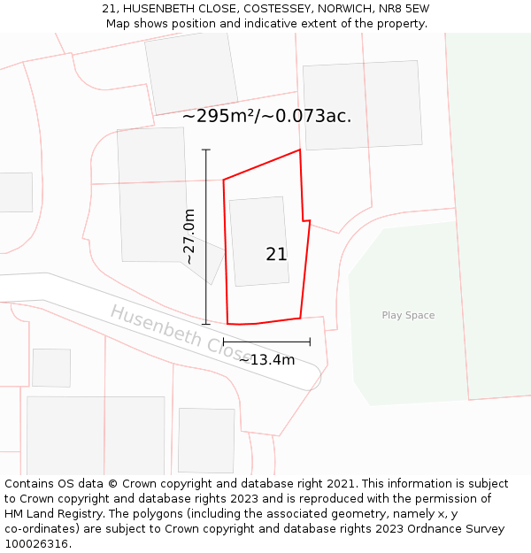 21, HUSENBETH CLOSE, COSTESSEY, NORWICH, NR8 5EW: Plot and title map