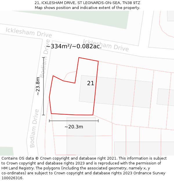 21, ICKLESHAM DRIVE, ST LEONARDS-ON-SEA, TN38 9TZ: Plot and title map