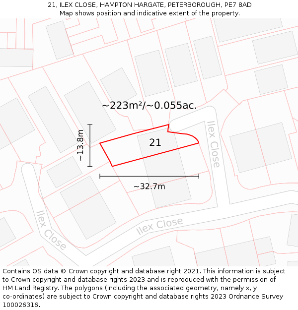 21, ILEX CLOSE, HAMPTON HARGATE, PETERBOROUGH, PE7 8AD: Plot and title map