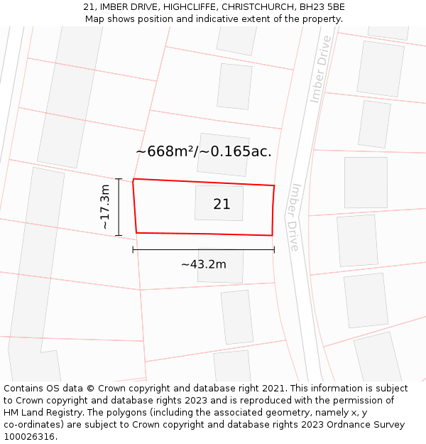 21, IMBER DRIVE, HIGHCLIFFE, CHRISTCHURCH, BH23 5BE: Plot and title map
