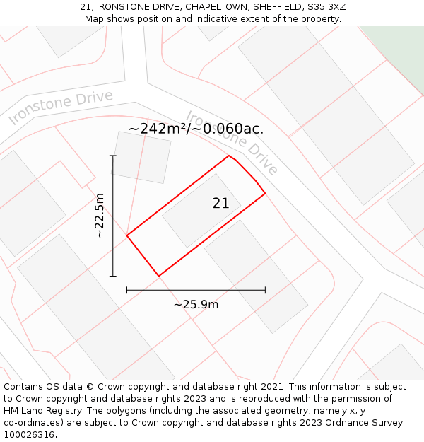 21, IRONSTONE DRIVE, CHAPELTOWN, SHEFFIELD, S35 3XZ: Plot and title map