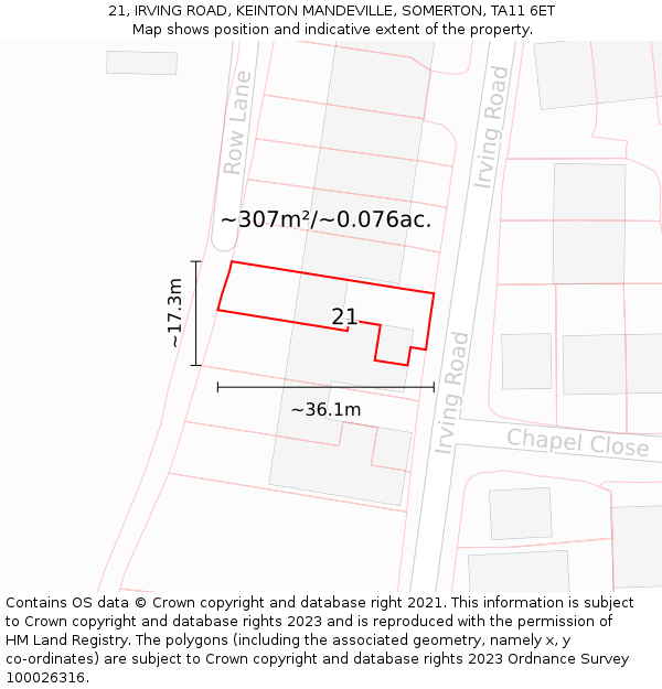 21, IRVING ROAD, KEINTON MANDEVILLE, SOMERTON, TA11 6ET: Plot and title map