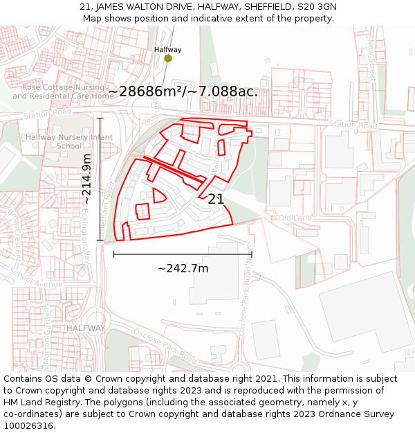 21, JAMES WALTON DRIVE, HALFWAY, SHEFFIELD, S20 3GN: Plot and title map
