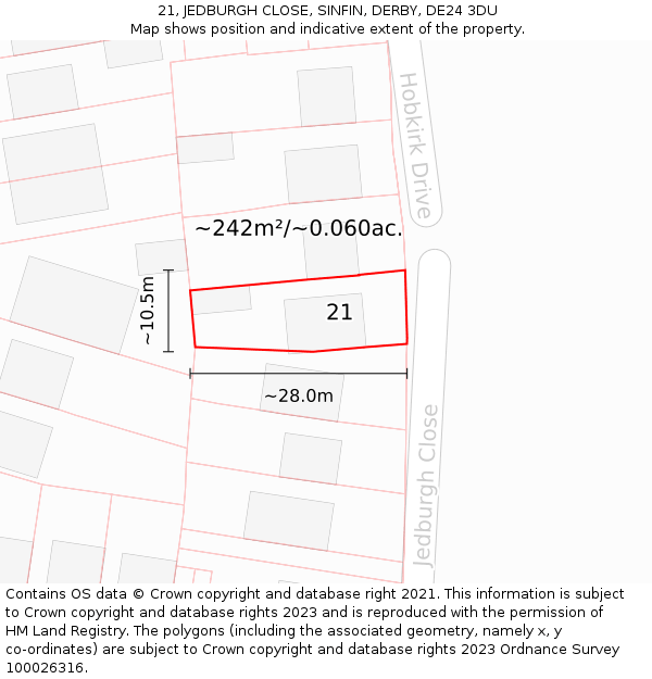 21, JEDBURGH CLOSE, SINFIN, DERBY, DE24 3DU: Plot and title map