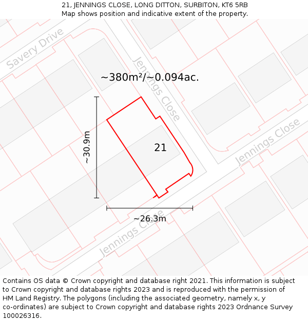 21, JENNINGS CLOSE, LONG DITTON, SURBITON, KT6 5RB: Plot and title map
