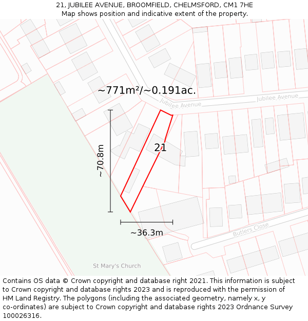 21, JUBILEE AVENUE, BROOMFIELD, CHELMSFORD, CM1 7HE: Plot and title map