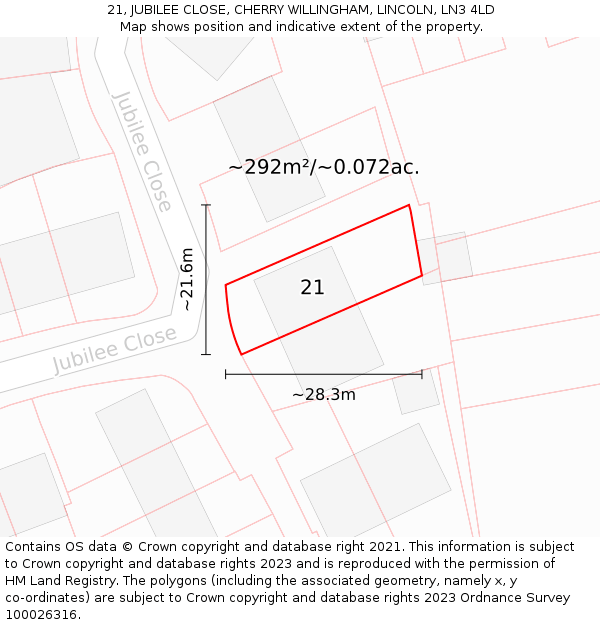 21, JUBILEE CLOSE, CHERRY WILLINGHAM, LINCOLN, LN3 4LD: Plot and title map