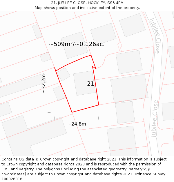 21, JUBILEE CLOSE, HOCKLEY, SS5 4PA: Plot and title map