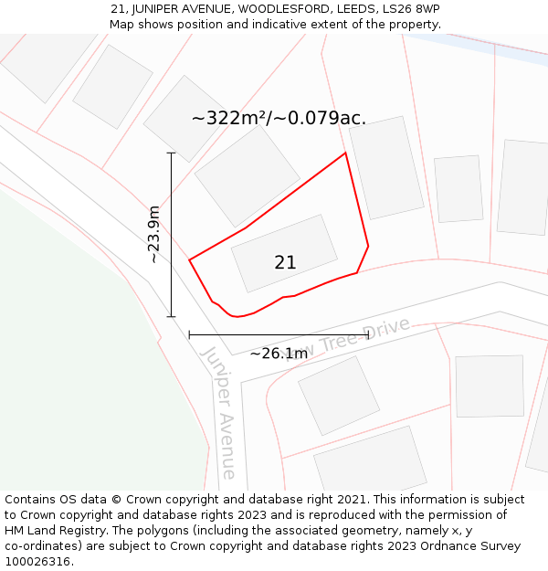21, JUNIPER AVENUE, WOODLESFORD, LEEDS, LS26 8WP: Plot and title map