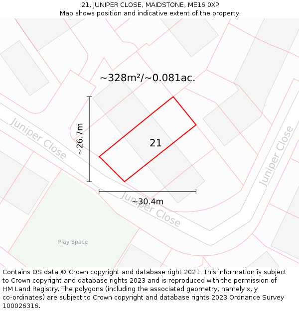 21, JUNIPER CLOSE, MAIDSTONE, ME16 0XP: Plot and title map