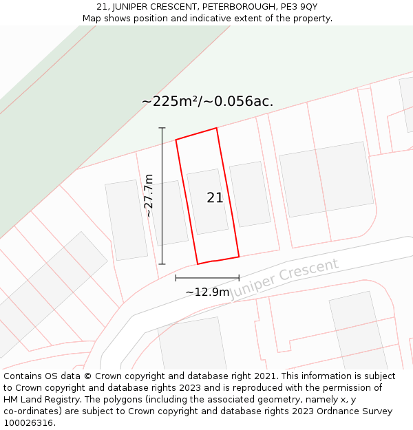 21, JUNIPER CRESCENT, PETERBOROUGH, PE3 9QY: Plot and title map