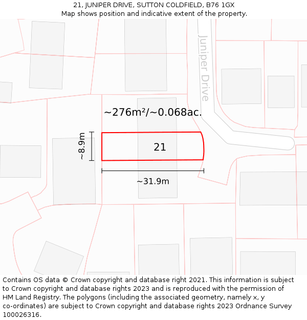 21, JUNIPER DRIVE, SUTTON COLDFIELD, B76 1GX: Plot and title map