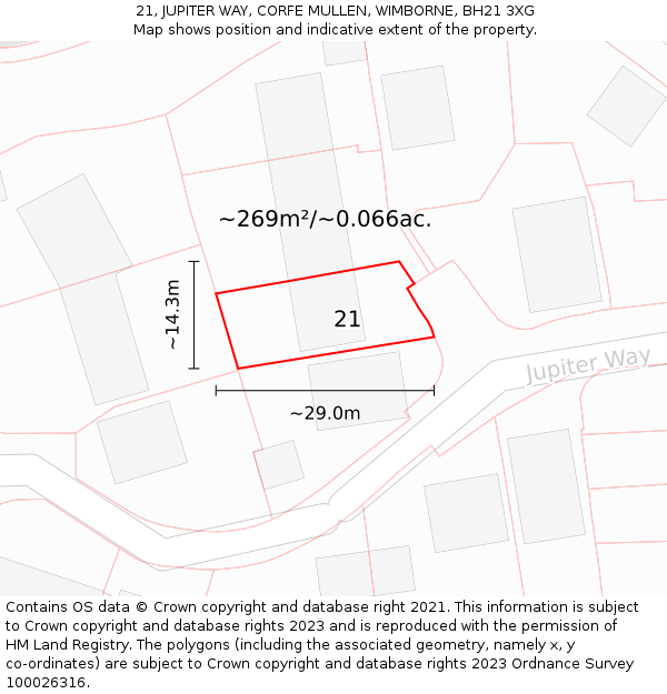 21, JUPITER WAY, CORFE MULLEN, WIMBORNE, BH21 3XG: Plot and title map
