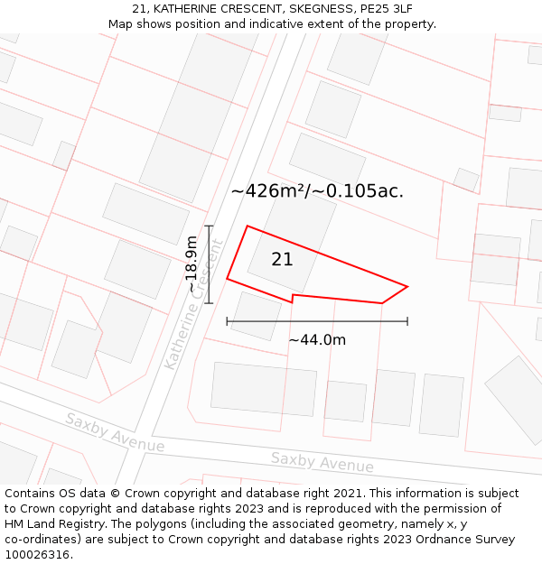 21, KATHERINE CRESCENT, SKEGNESS, PE25 3LF: Plot and title map